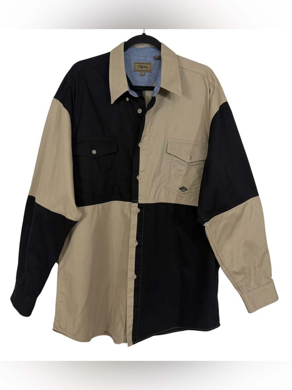 Vintage Roper Western Long Sleeve Button Down Tan Black Colorblock Rodeo Sz XL
